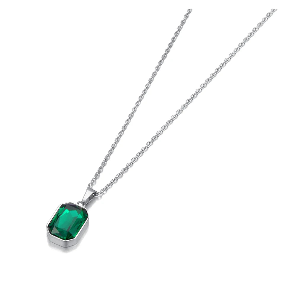 JeeMango 316L Stainless Steel Geometric Square Cubic Zirconia Crystal Pendant Necklace Jewelry For Women JN23076