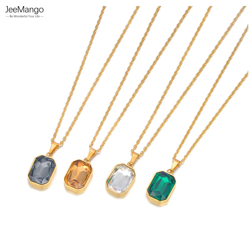JeeMango 316L Stainless Steel Geometric Square Cubic Zirconia Crystal Pendant Necklace Jewelry For Women JN23076