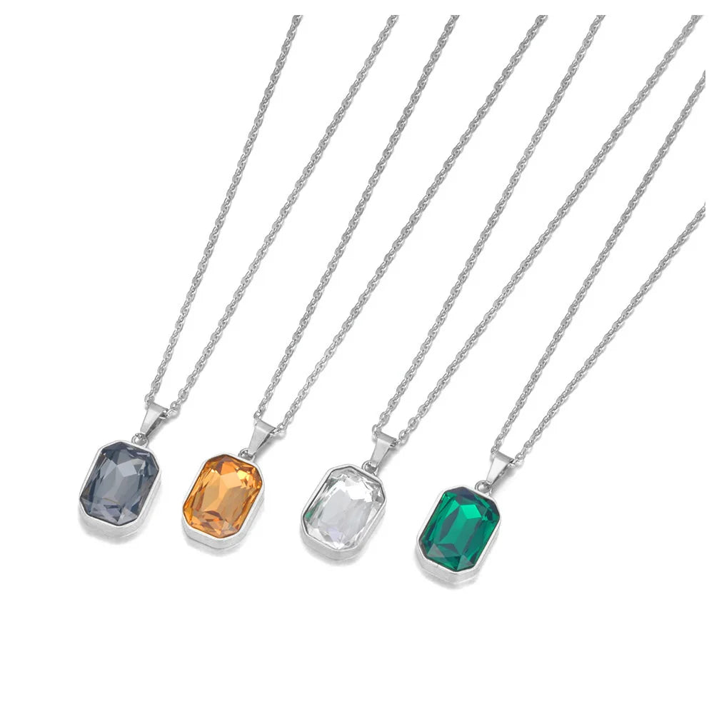 JeeMango 316L Stainless Steel Geometric Square Cubic Zirconia Crystal Pendant Necklace Jewelry For Women JN23076