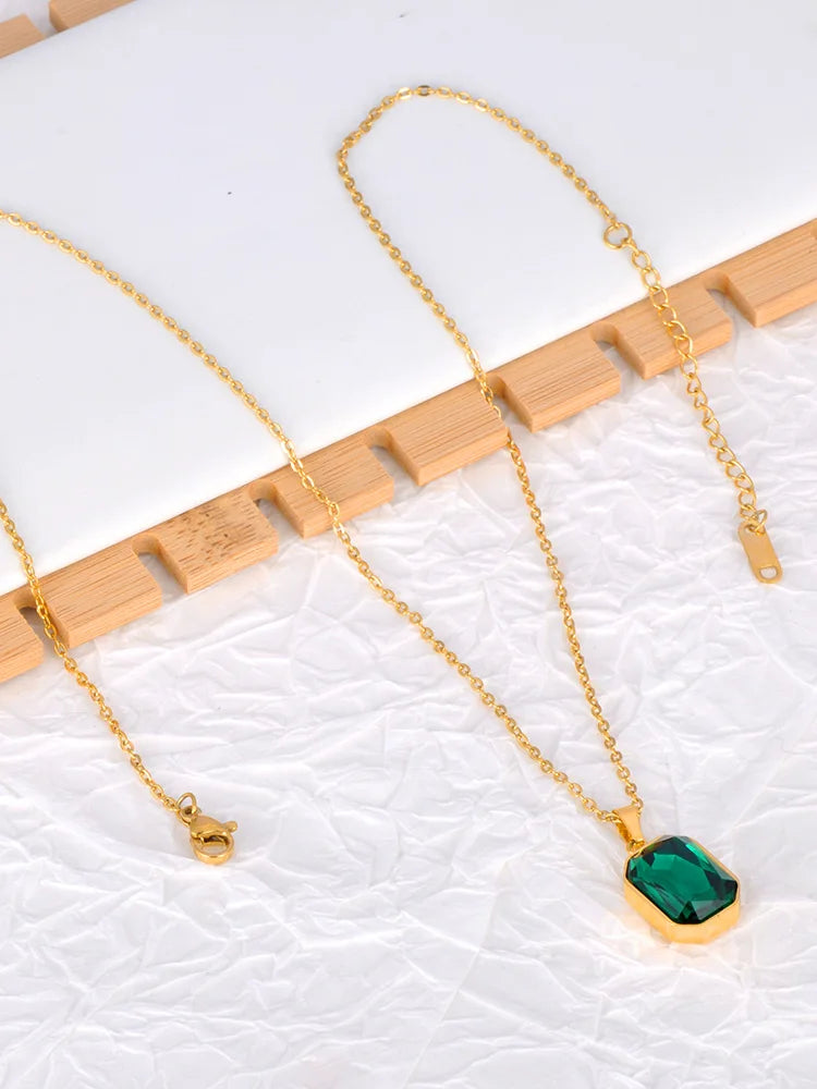 JeeMango 316L Stainless Steel Geometric Square Cubic Zirconia Crystal Pendant Necklace Jewelry For Women JN23076