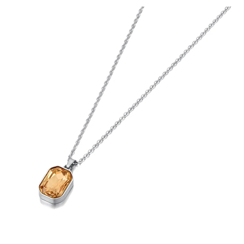 JeeMango 316L Stainless Steel Geometric Square Cubic Zirconia Crystal Pendant Necklace Jewelry For Women JN23076