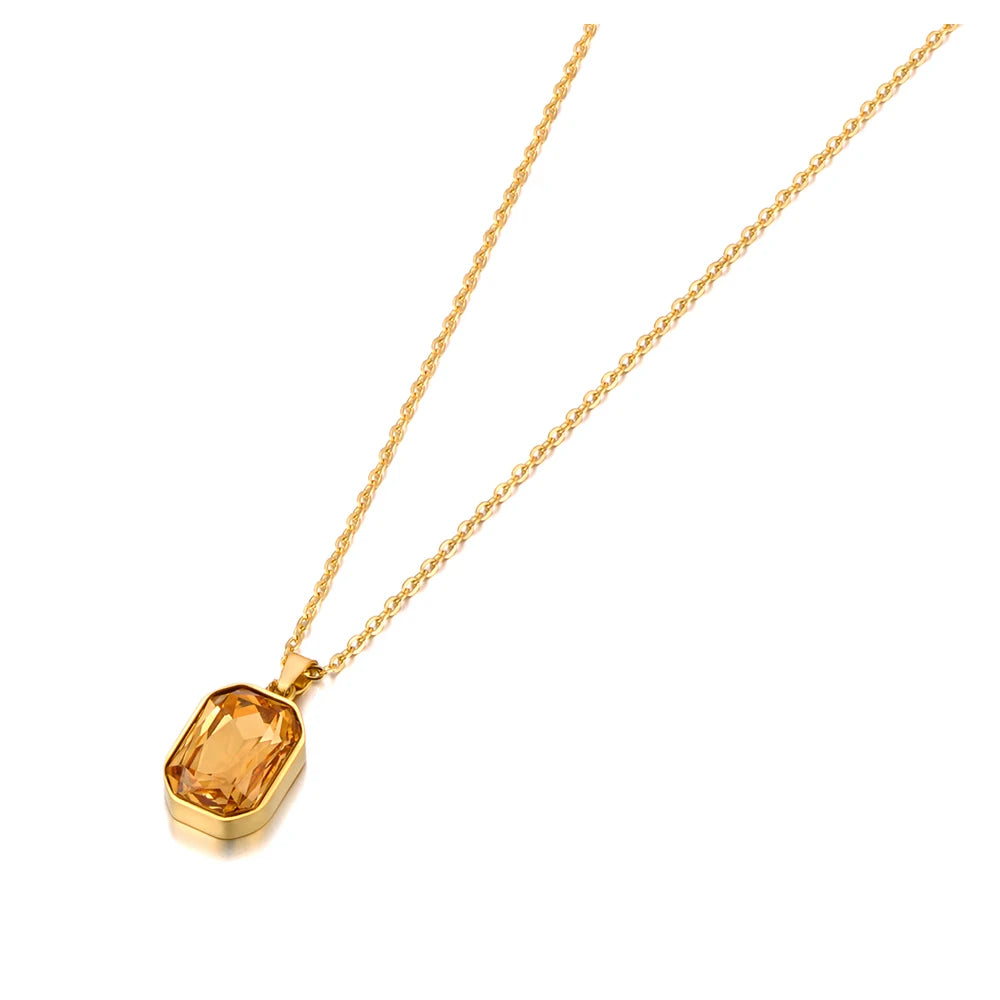 JeeMango 316L Stainless Steel Geometric Square Cubic Zirconia Crystal Pendant Necklace Jewelry For Women JN23076