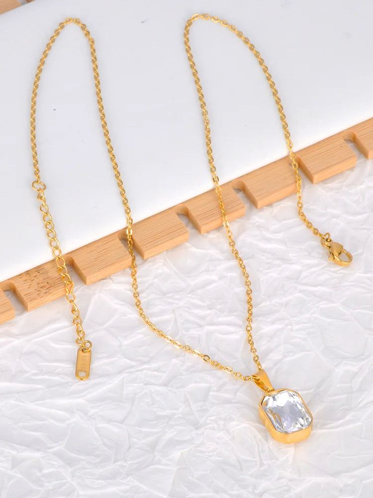 JeeMango 316L Stainless Steel Geometric Square Cubic Zirconia Crystal Pendant Necklace Jewelry For Women JN23076