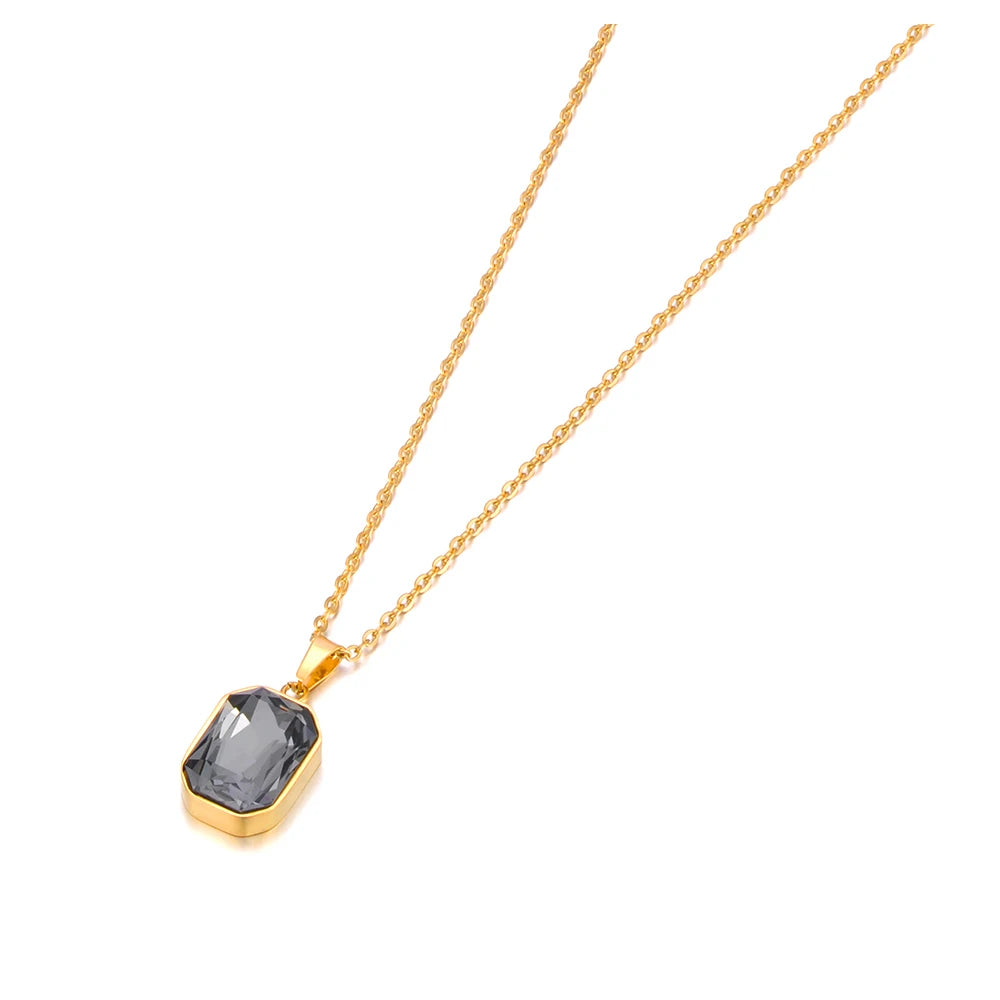 JeeMango 316L Stainless Steel Geometric Square Cubic Zirconia Crystal Pendant Necklace Jewelry For Women JN23076