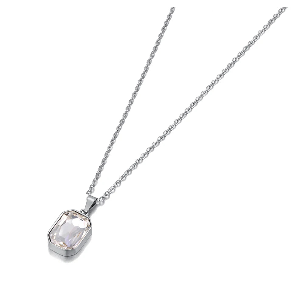 JeeMango 316L Stainless Steel Geometric Square Cubic Zirconia Crystal Pendant Necklace Jewelry For Women JN23076