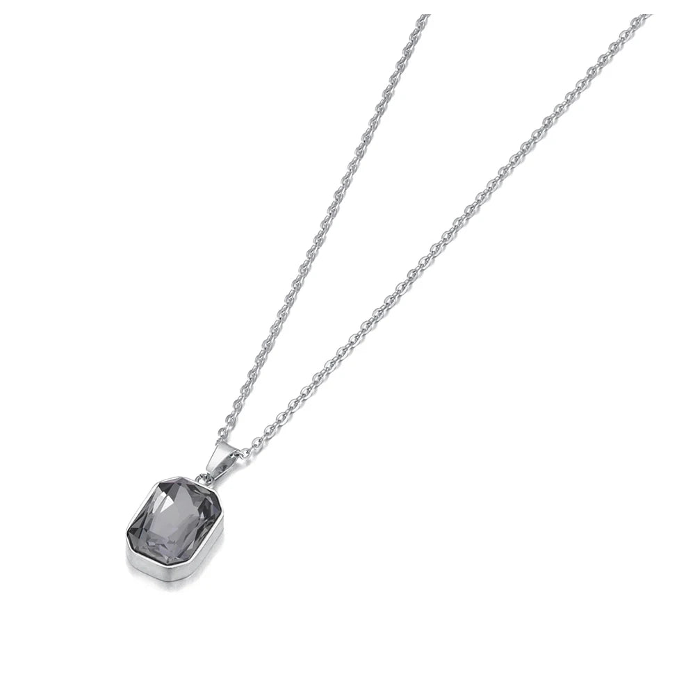 JeeMango 316L Stainless Steel Geometric Square Cubic Zirconia Crystal Pendant Necklace Jewelry For Women JN23076