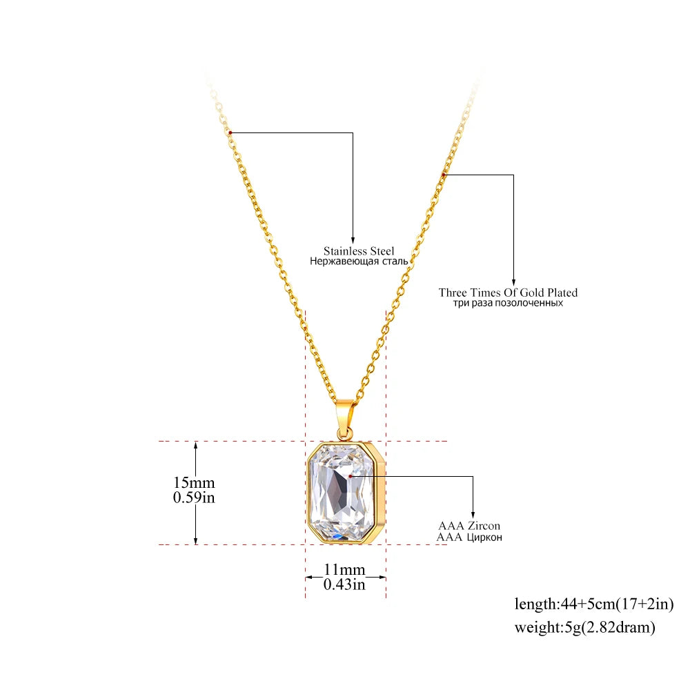 JeeMango 316L Stainless Steel Geometric Square Cubic Zirconia Crystal Pendant Necklace Jewelry For Women JN23076