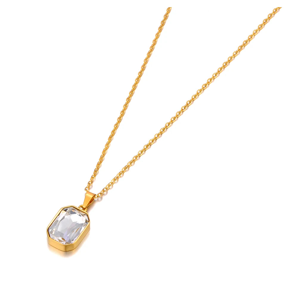 JeeMango 316L Stainless Steel Geometric Square Cubic Zirconia Crystal Pendant Necklace Jewelry For Women JN23076