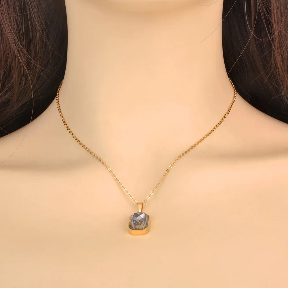 JeeMango 316L Stainless Steel Geometric Square Cubic Zirconia Crystal Pendant Necklace Jewelry For Women JN23076